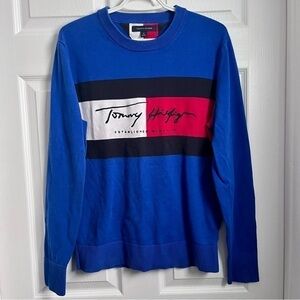 Y2K Tommy Hilfiger Sweater pull crewneck Men Medium blue sweatshirt collegiate